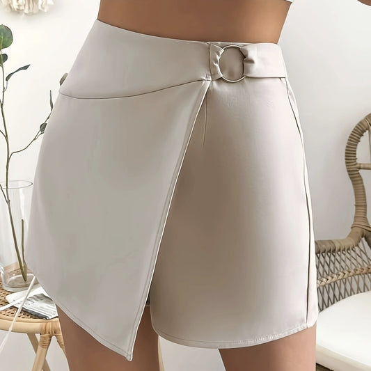 Elegant high waisted shorts for women with asymmetrical design and belt detail in beige color