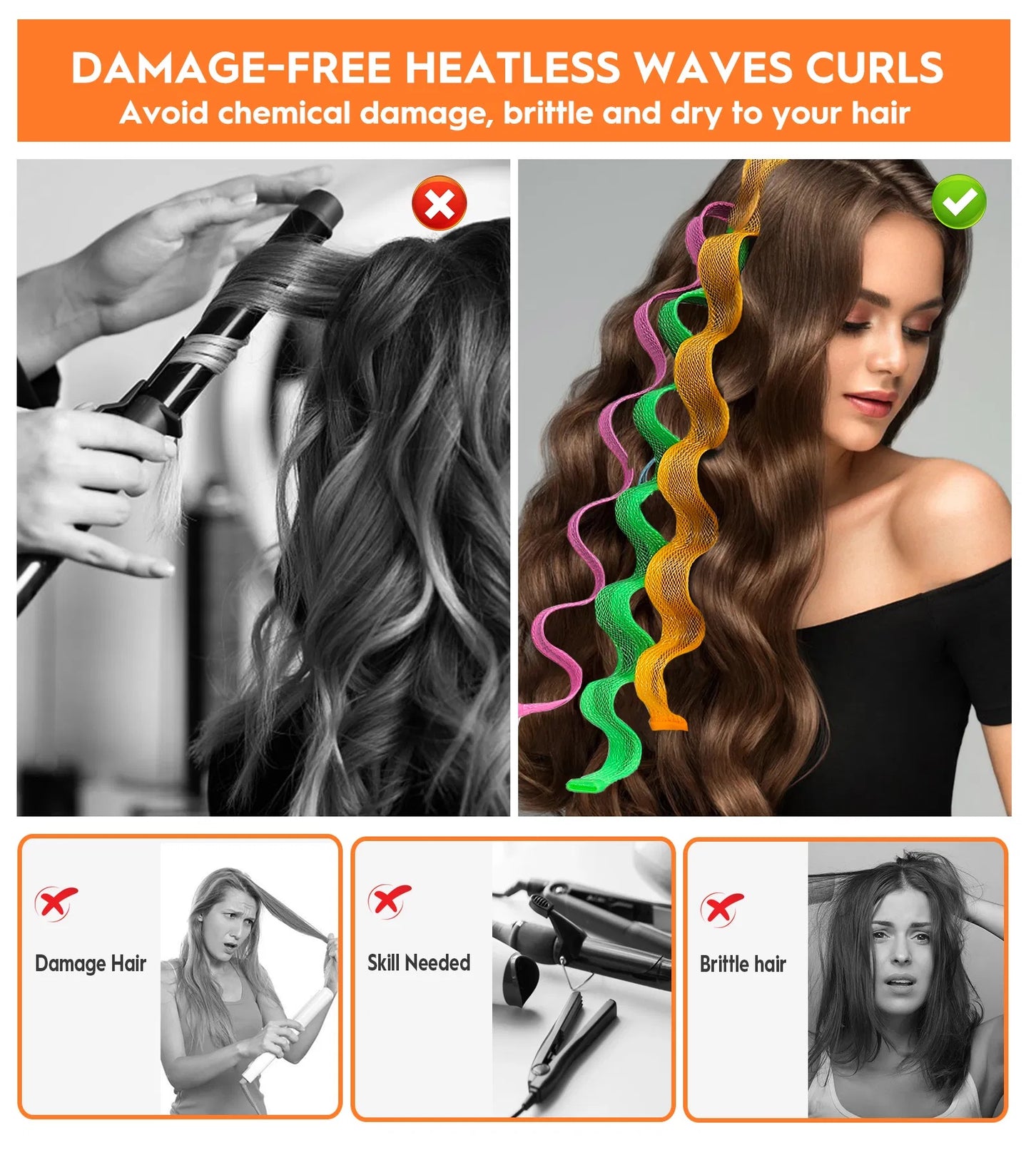 Luniva Care USA heatless hair curlers set showing safe damage-free waves without chemical or heat damage
