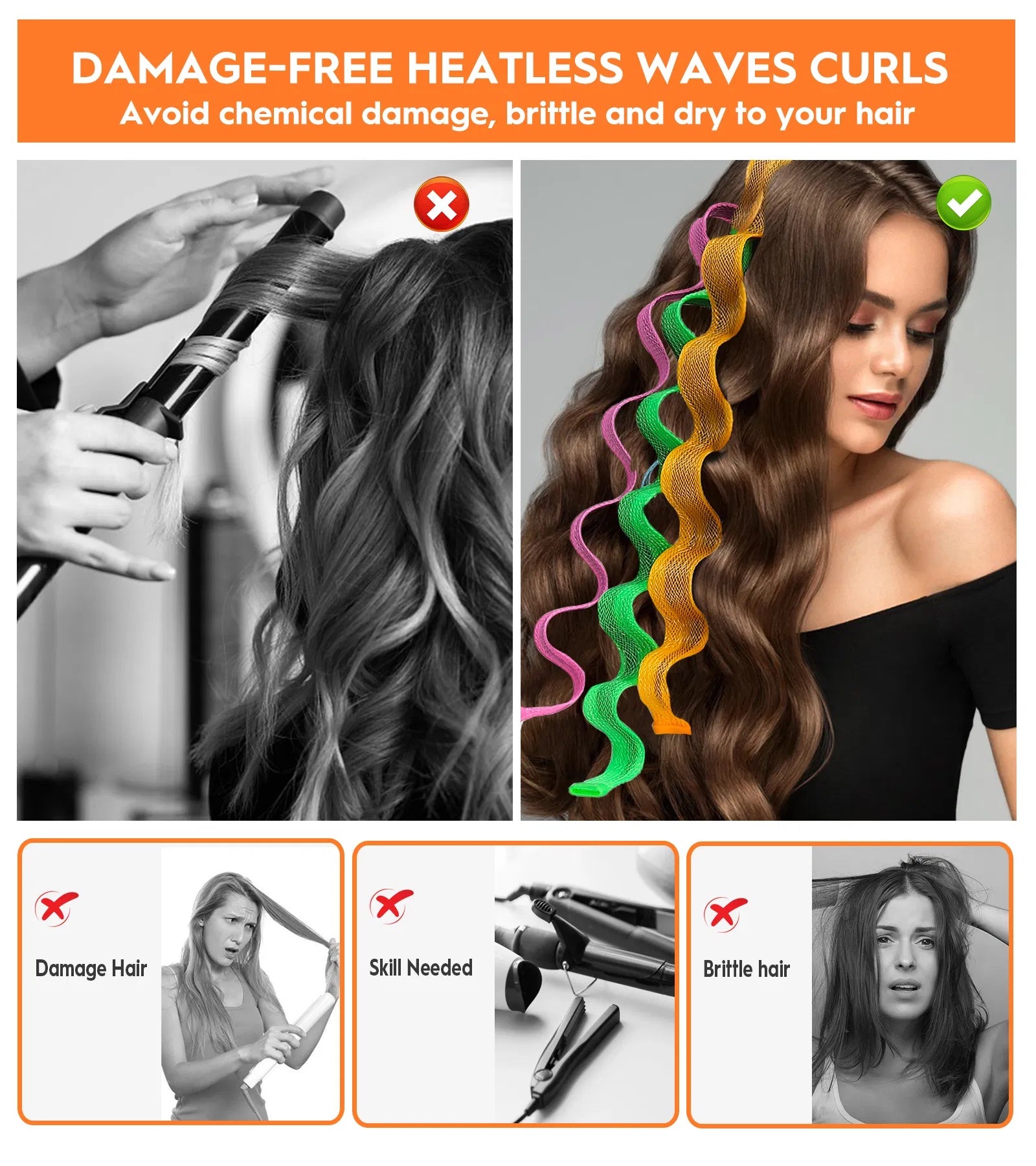 Luniva Care USA heatless hair curlers set showing safe damage-free waves without chemical or heat damage