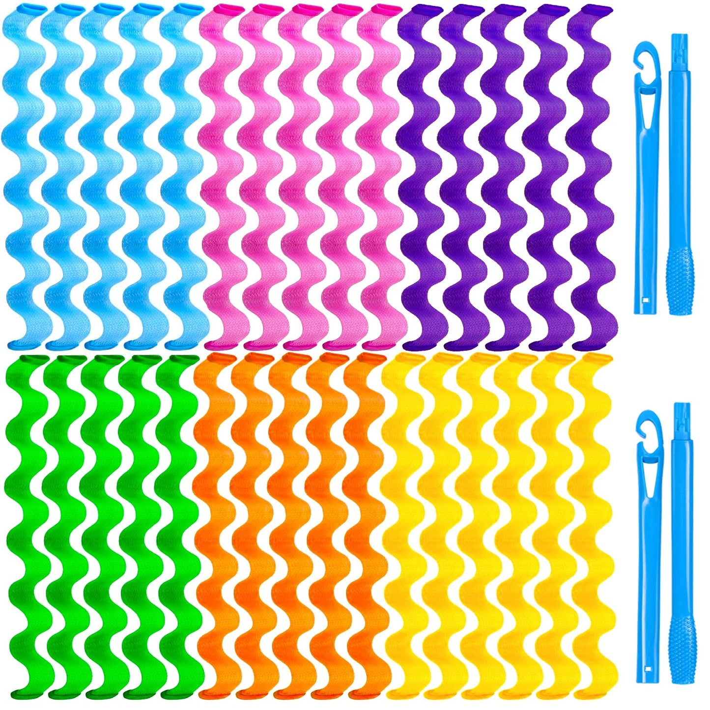 LUNIVA CARE USA heatless hair curlers set with colorful flexible spiral rods and blue applicator tools