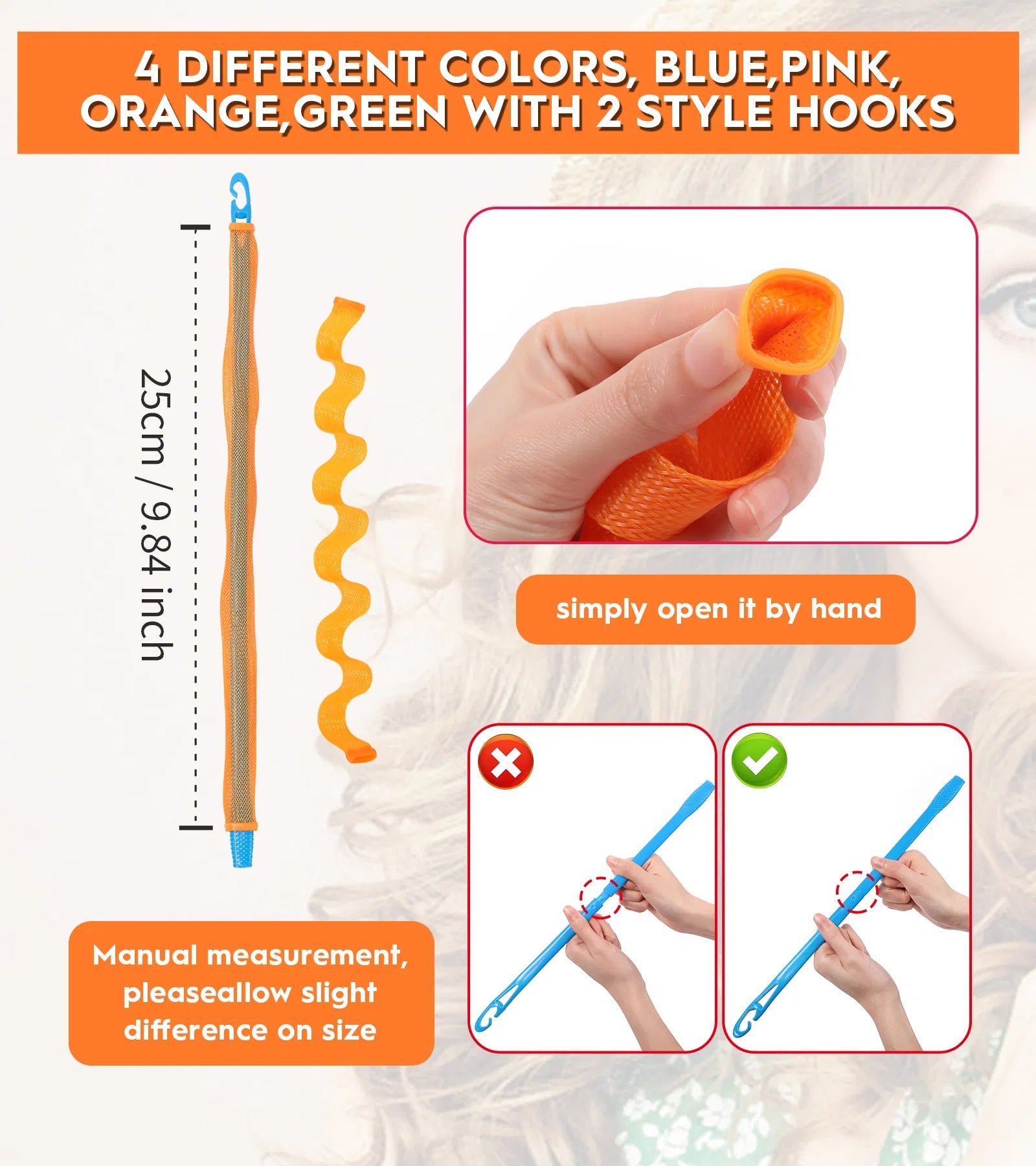 LUNIVA CARE USA heatless hair curlers set in orange with style hooks demonstrating how to open and use
