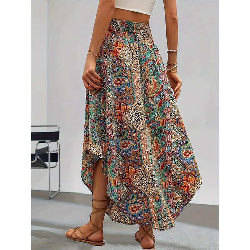Colorful high waist floral midi skirt with intricate paisley and geometric patterns worn with sandals
