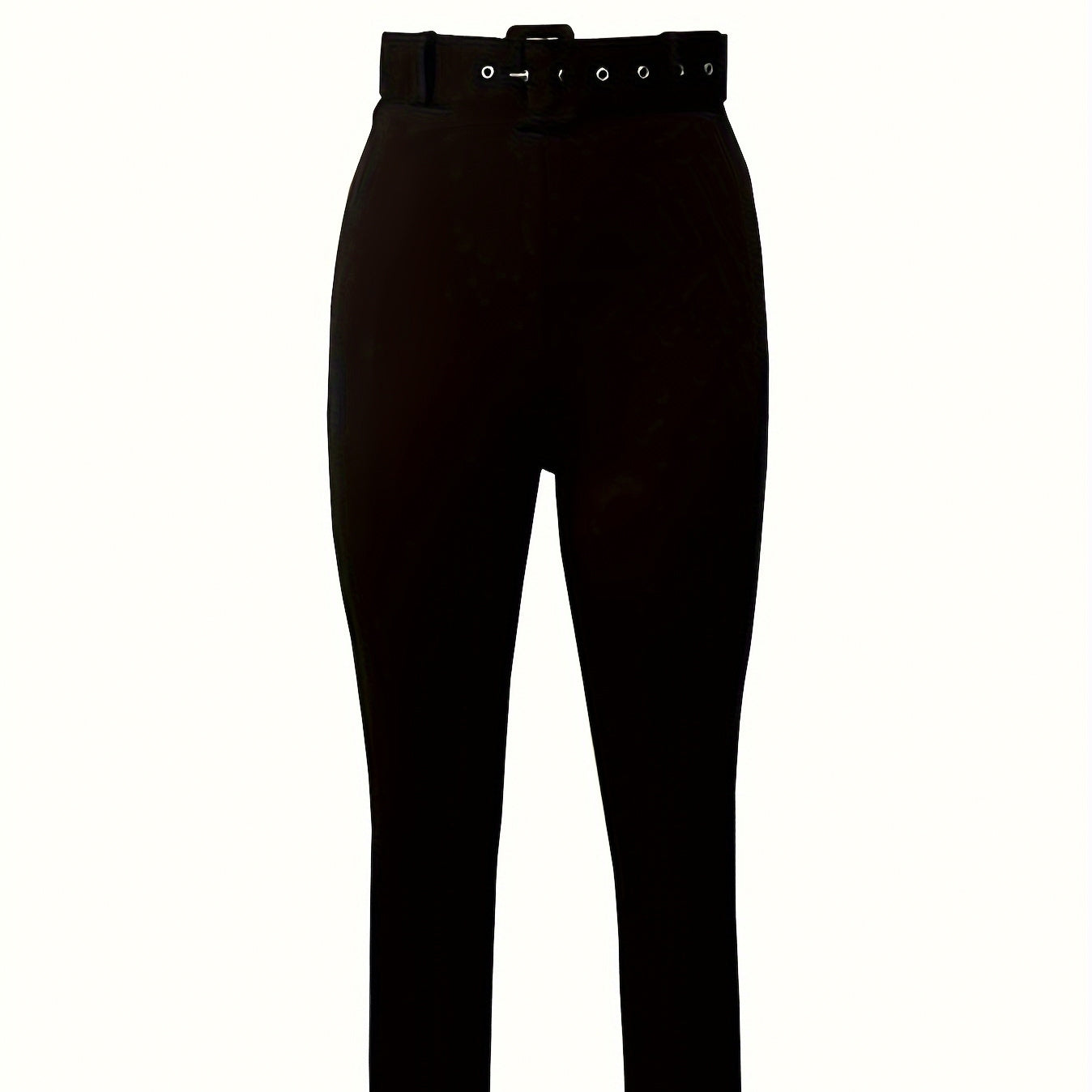 Black high waisted pleated pants for women with a matching belt and silver eyelets