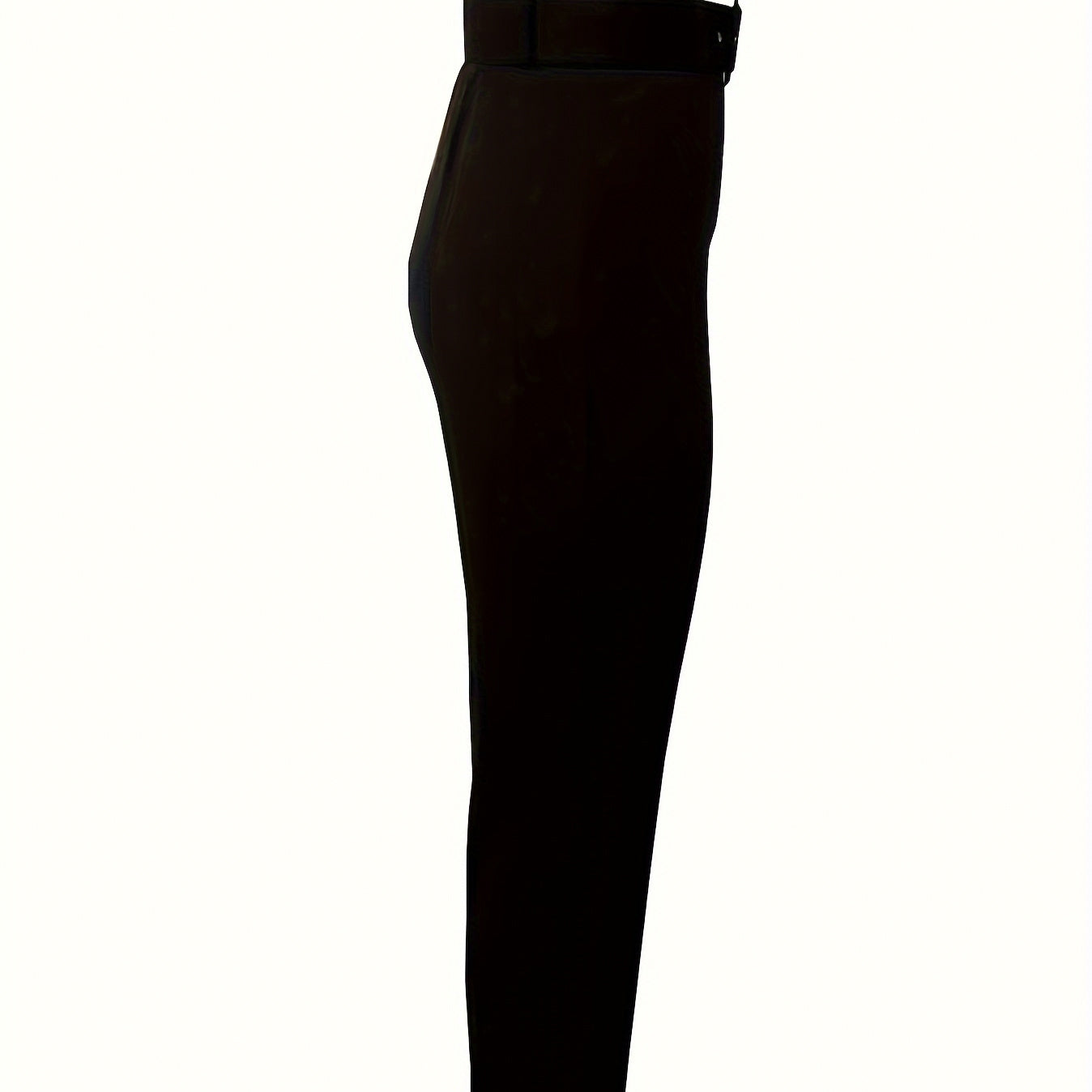 Black high waisted pleated pants for women shown from the side with a slim fit design