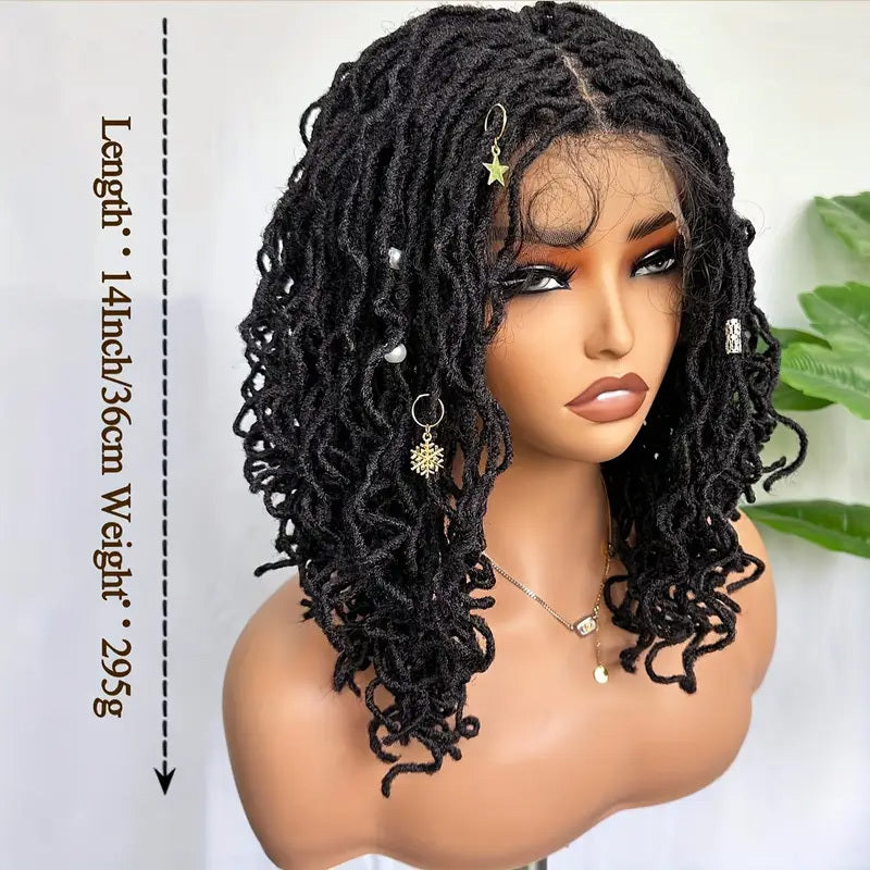 Lightweight curly synthetic wig ombre styled as 14 inch braided faux locs with decorative beads