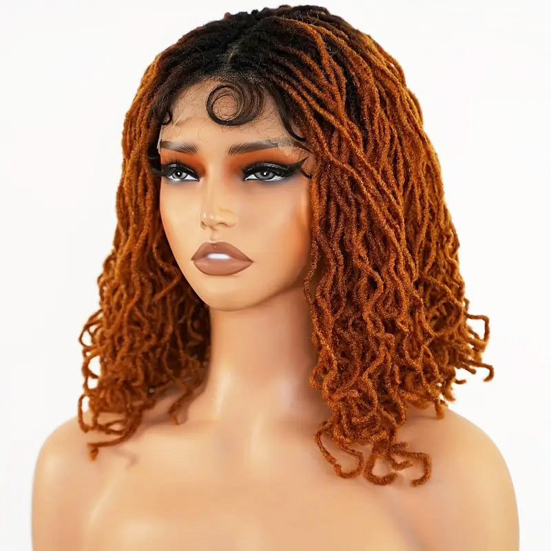 LUNIVA CARE USA lightweight curly synthetic wig ombre in braided faux locs style with brown and orange tones