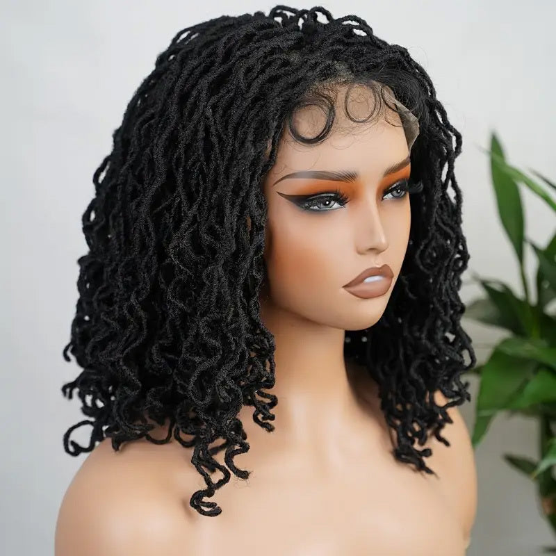 Lightweight curly synthetic wig ombre with braided faux locs style on mannequin by LUNIVA CARE USA