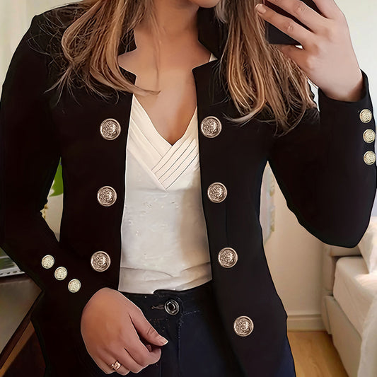 Black plus size women's blazer with gold buttons worn over white top by LUNIVA CARE USA