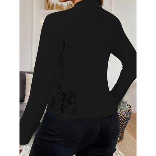 Back view of black women's lace open front cardigan with long sleeves and floral lace detail