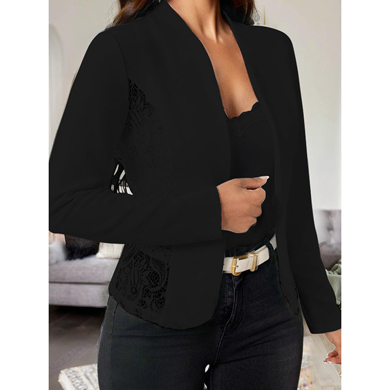 Black women's lace open front cardigan with long sleeves styled with black top and jeans