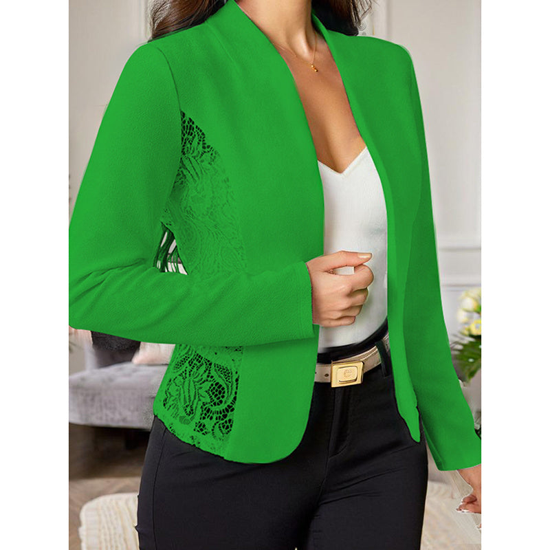 Green women's lace open front cardigan with floral lace side panels and long sleeves