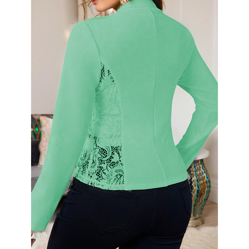 Back view of women's lace open front cardigan in green with lace side panels and long sleeves