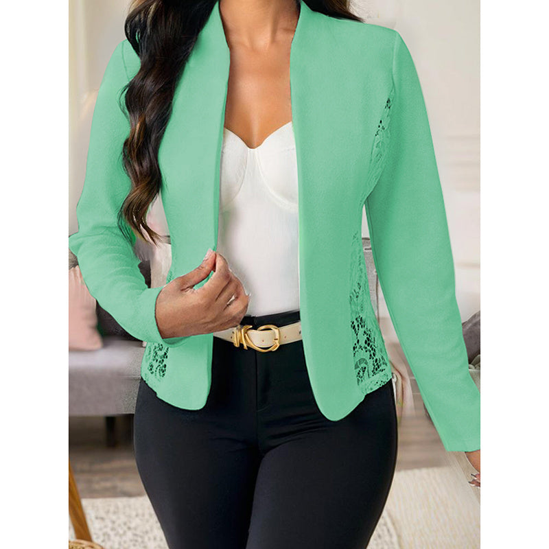 Women's lace open front cardigan in mint green with long sleeves and lace side details