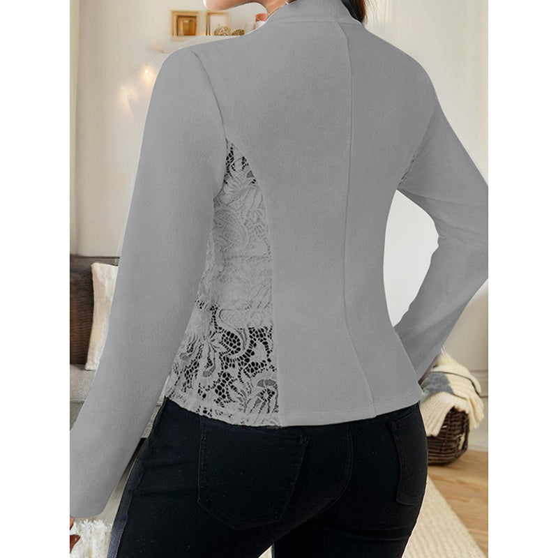 Back view of women's lace open front cardigan with long sleeves and intricate lace detailing