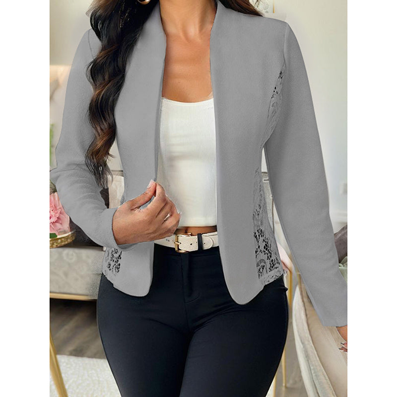 Gray women's lace open front cardigan with long sleeves styled with white top and black pants