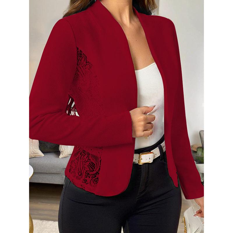 Red women's lace open front cardigan with long sleeves and lace side details styled with a white top and black pants