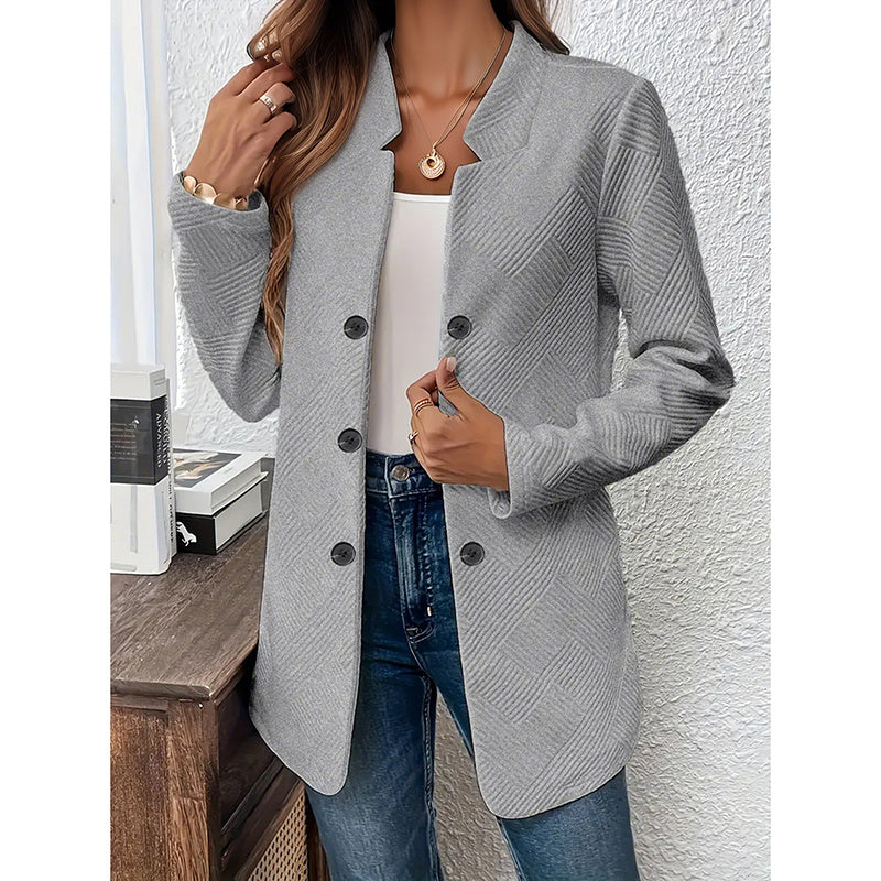 Gray patterned women's open front blazer jacket with buttons styled with jeans and white top