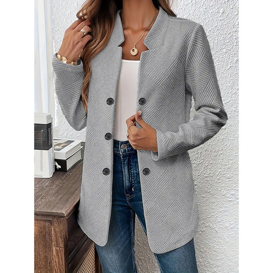 Gray patterned women's open front blazer jacket with buttons styled with jeans and white top