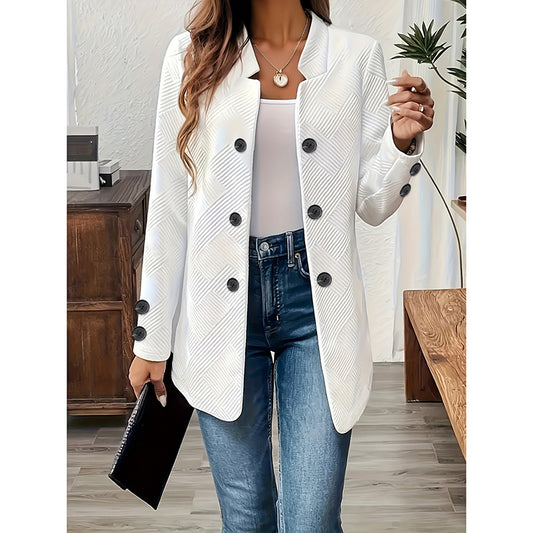 LUNIVA CARE USA women's open front blazer jacket in white textured fabric with black buttons