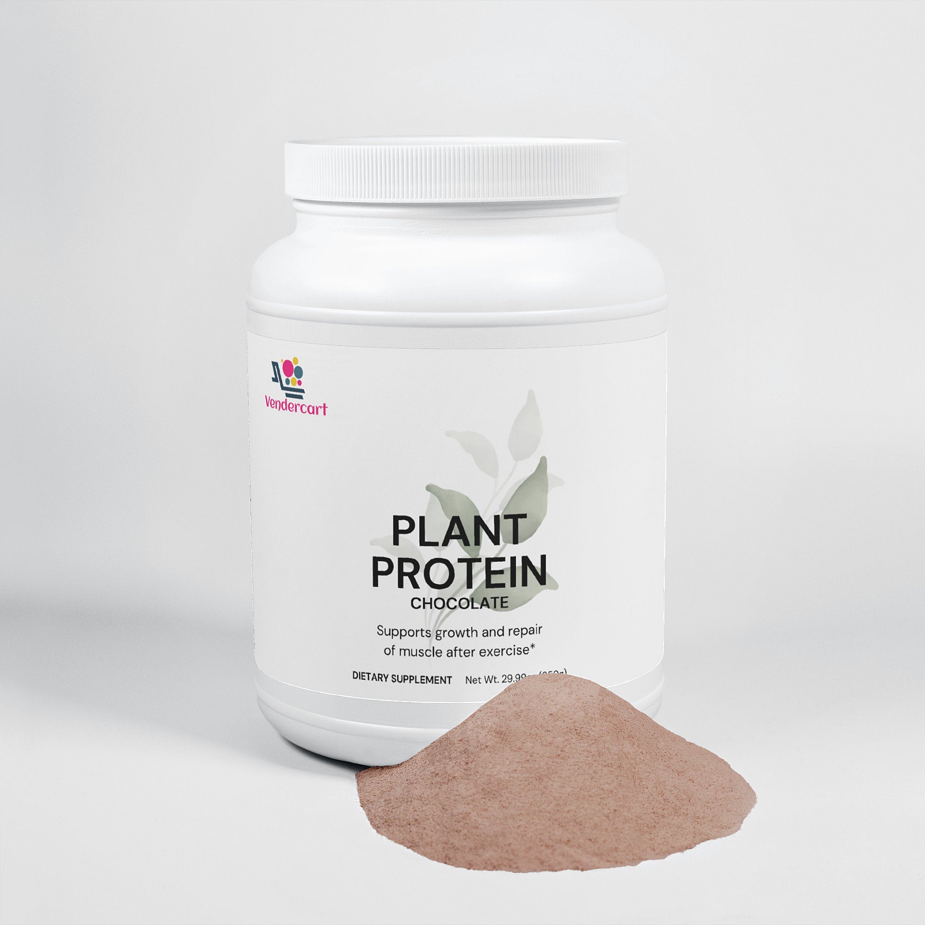 LUNIVA CARE USA plant-based protein powder chocolate dietary supplement with chocolate powder pile
