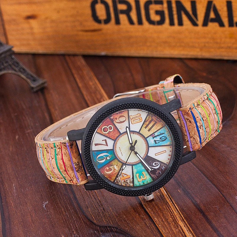 LUNIVA CARE USA vintage leather watch for women with colorful numbers and multicolor stitched leather strap