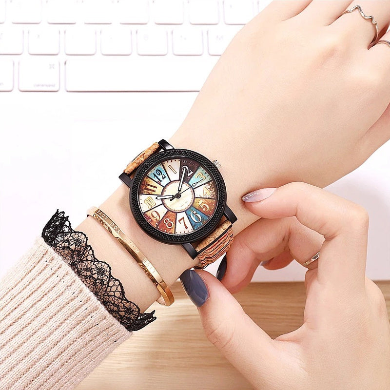 LUNIVA CARE USA vintage leather watch for women with colorful dial and brown leather strap on wrist