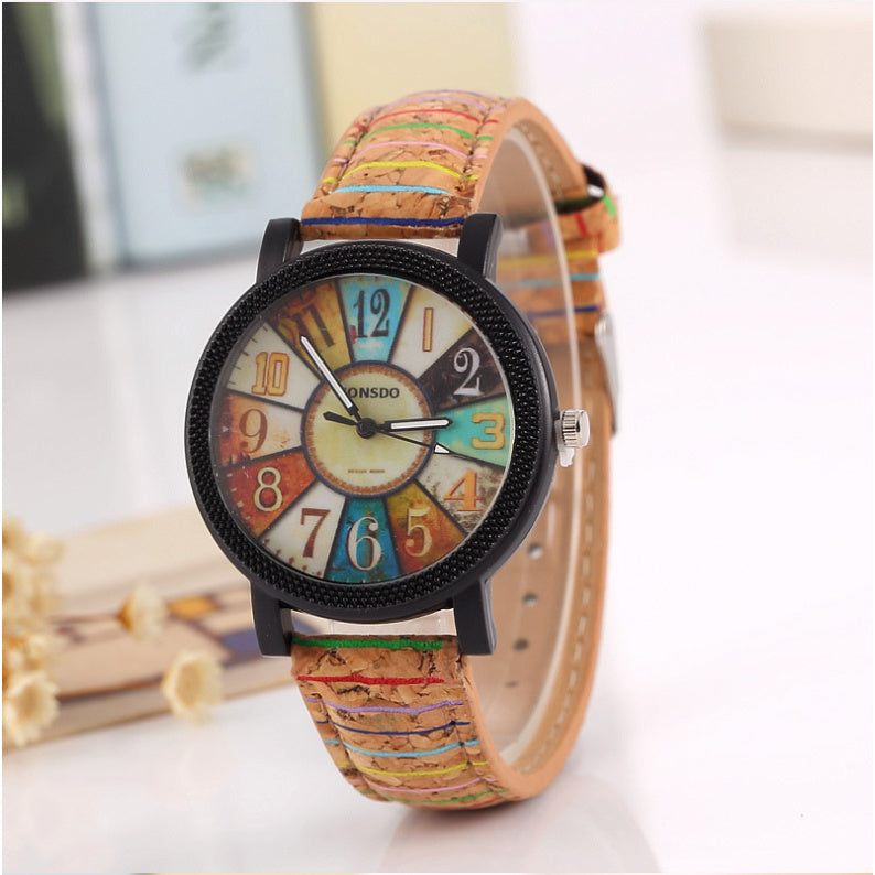 LUNIVA CARE USA vintage leather watch for women with multicolor number dial and cork leather strap