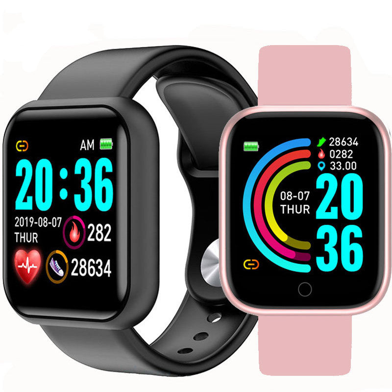 LUNIVA CARE USA waterproof fitness watch with heart rate monitor showing time and activity stats in black and pink