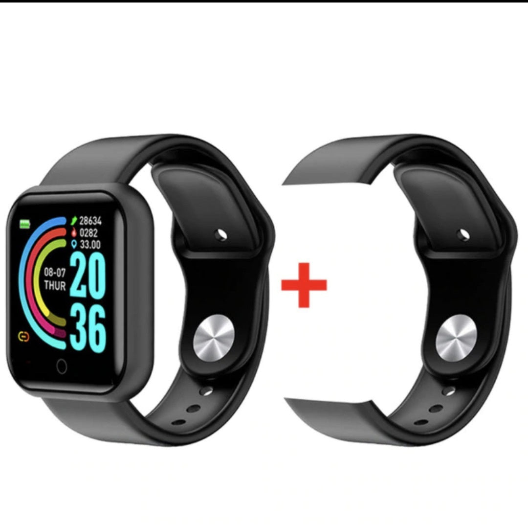 LUNIVA CARE USA waterproof fitness watch with heart rate monitor showing colorful activity display and extra black strap