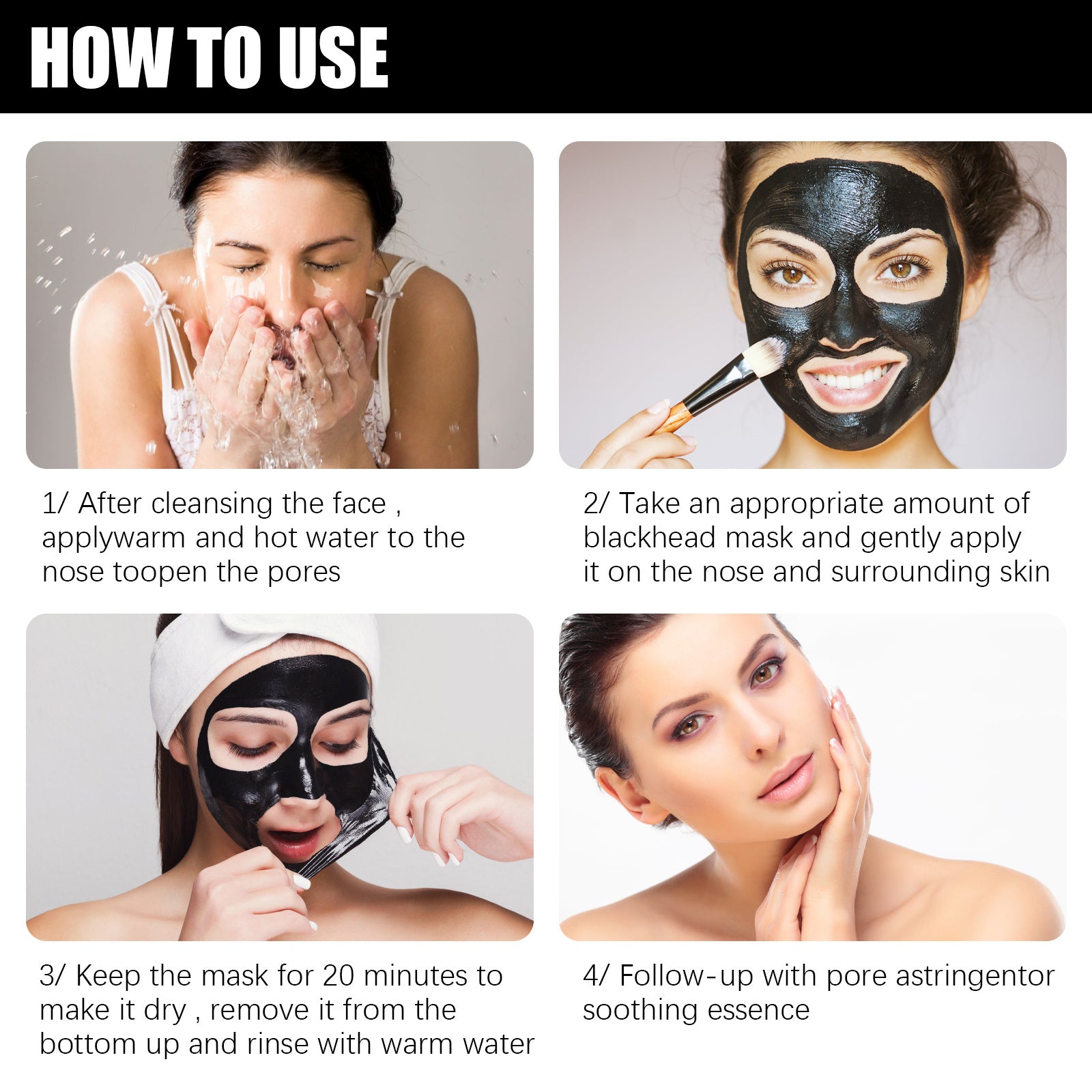Step-by-step use of LUNIVA CARE USA blackhead removal mask for oily skin with facial cleansing and application