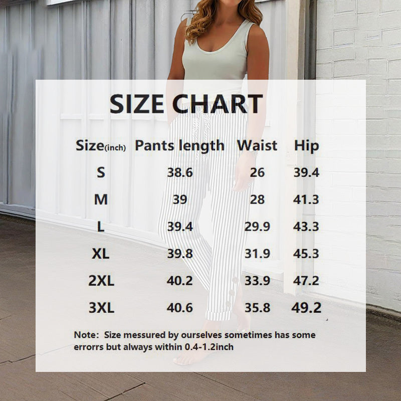 Size chart for women's striped elastic waist pants showing measurements for waist, hip, and pants length
