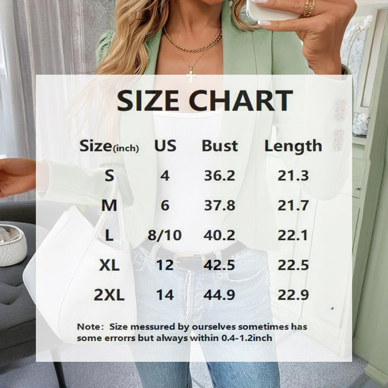 Size chart for women's casual blazer jacket showing bust and length measurements for sizes S to 2XL