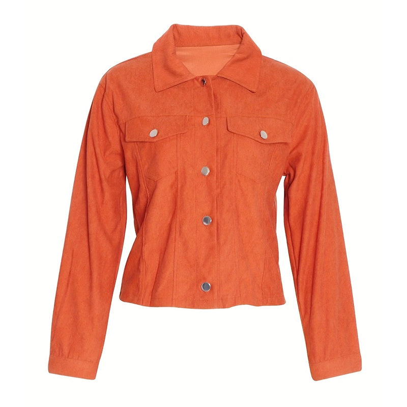 Orange women's corduroy jacket with button front and chest pockets from LUNIVA CARE USA