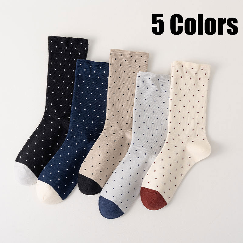 Set of five women's cute crew socks in various colors with polka dot patterns