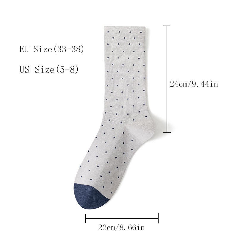 Women's cute crew socks in white with navy blue polka dots and navy toe, EU size 33-38 US size 5-8
