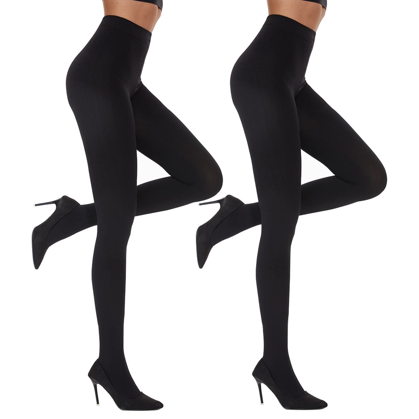 Black women's fleece lined tights modeled with black high heels for warmth and style