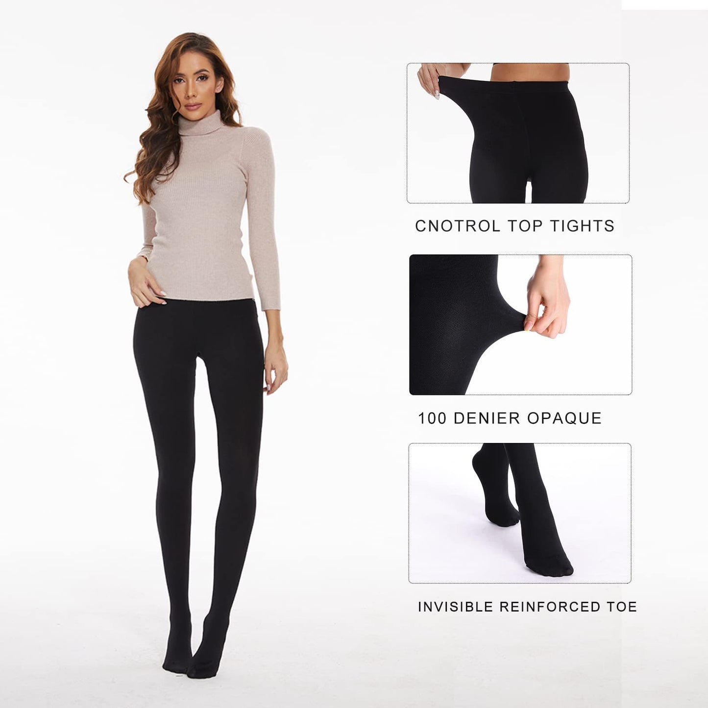 Black women's fleece lined tights with control top, 100 denier opaque fabric and invisible reinforced toe