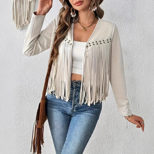 Women's fringe suede jacket in white with studded detailing and long sleeves styled with jeans and accessories