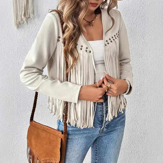 LUNIVA CARE USA women's fringe suede jacket in cream with metal stud details and matching brown fringe suede bag