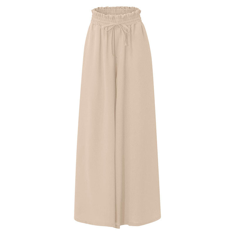 Beige women's high waist wide leg pants with elastic waistband and drawstring