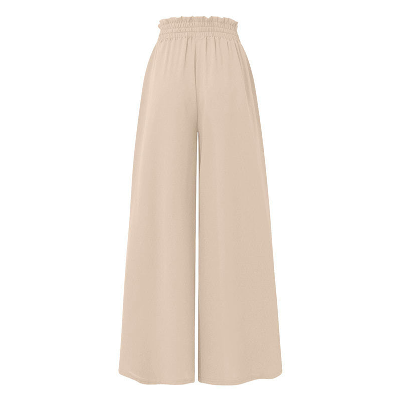 Beige women's high waist wide leg pants with elastic gathered waistband