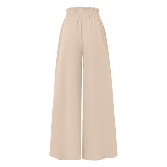 Beige women's high waist wide leg pants with elastic gathered waistband