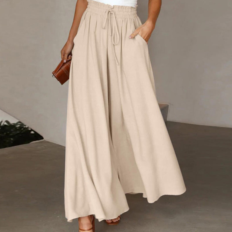 Beige women's high waist wide leg pants with drawstring waistband and pockets