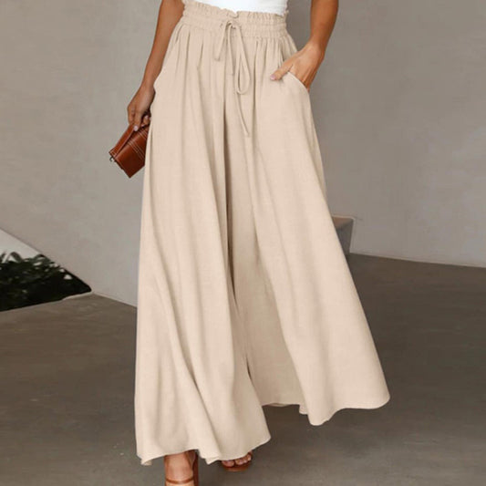 Beige women's high waist wide leg pants with drawstring waist and side pockets
