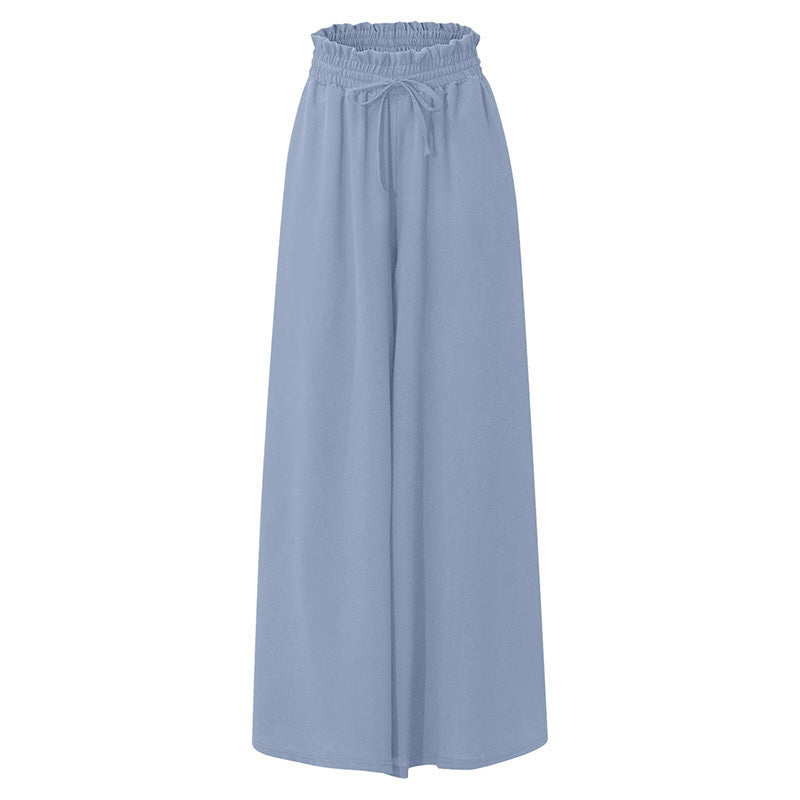 Light blue women's high waist wide leg pants with elastic waistband and drawstring
