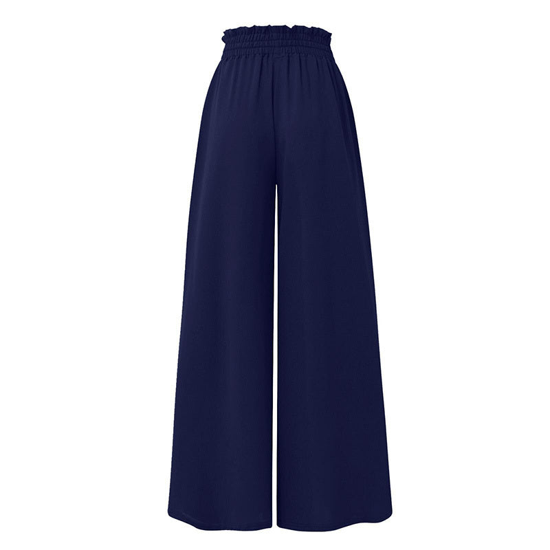 Navy blue women's high waist wide leg pants with elastic waistband for comfortable fit