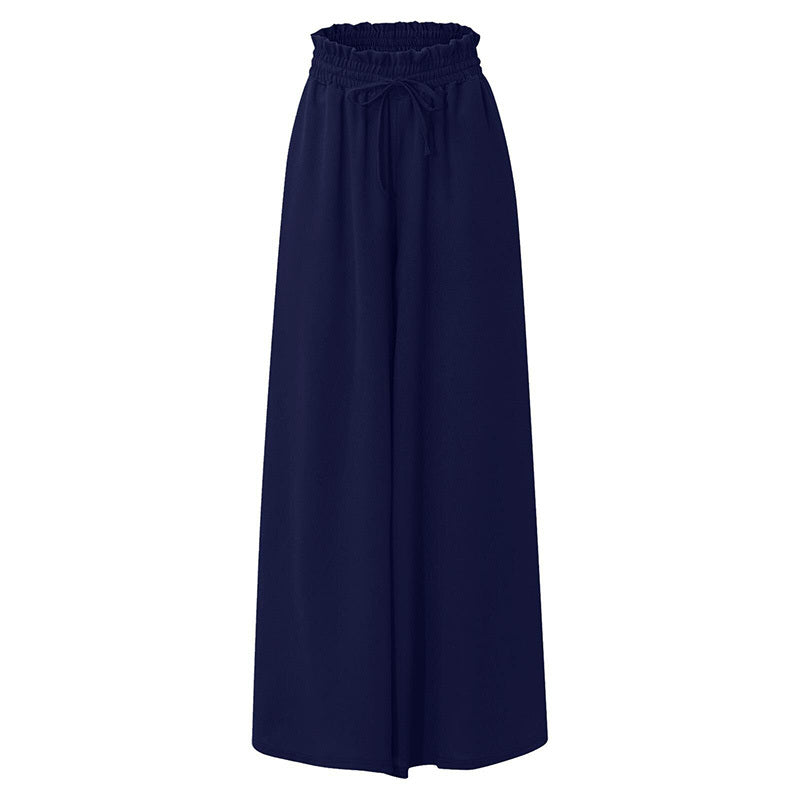 Navy blue women's high waist wide leg pants with gathered waistband and adjustable drawstring