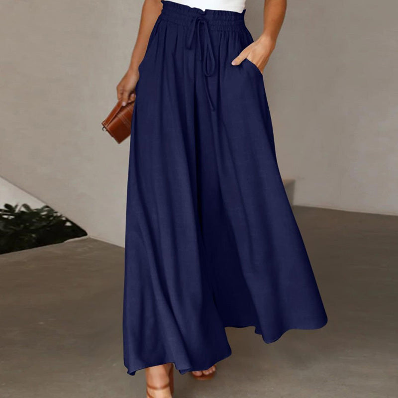 Navy blue women's high waist wide leg pants with drawstring waist and side pockets