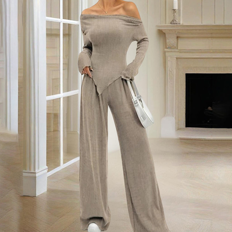 Beige ribbed knit women's off-shoulder lounge set with long sleeves and wide-leg pants