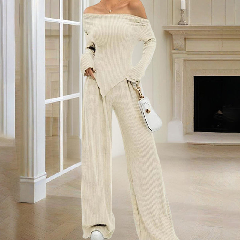 Beige knitted women's off-shoulder lounge set with long sleeves and wide-leg pants